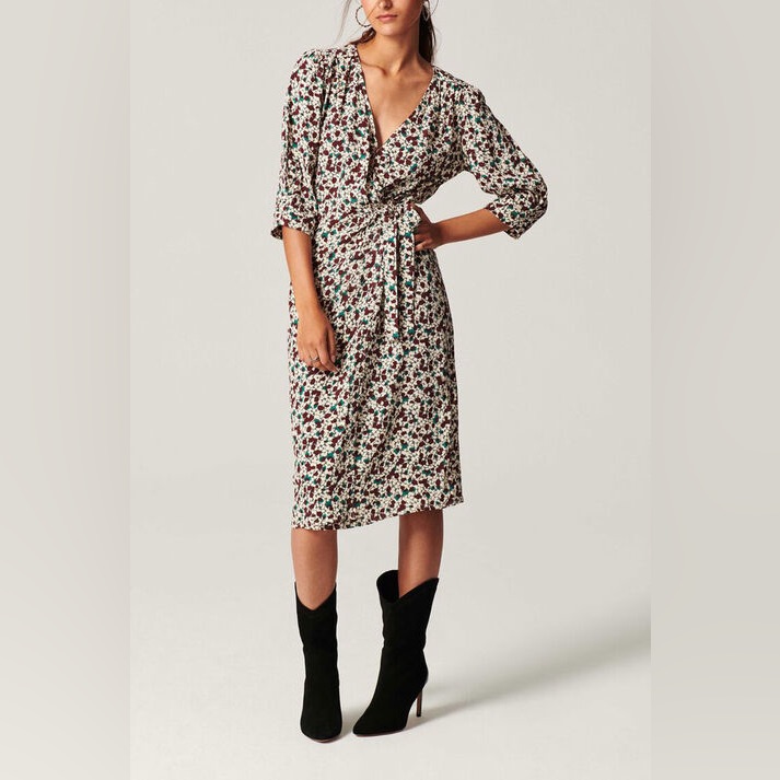 Ba&Sh Floral Wrap Dress In Cream With Green And Burgundy Accents
